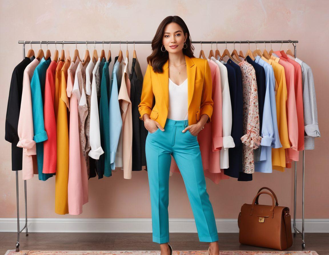 A stylish petite woman wearing a variety of outfits suitable for different occasions like a casual brunch, a night out, and a day at the office, all displayed on hangers or mannequins. The background should be a chic, organized closet bursting with colorful clothes and accessories emphasizing fashion on a budget. Soft natural lighting adds a warm touch. The overall vibe should be trendy and inviting, showcasing practicality and elegance in fashion choices. vibrant colors. super-realistic.
